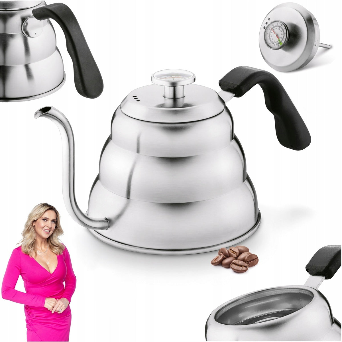 Czajnik na GAZ termometrem konewka Srebrny indukcja Konighoffer Barista 1 L do parzenia kawy przelewowej i herbaty