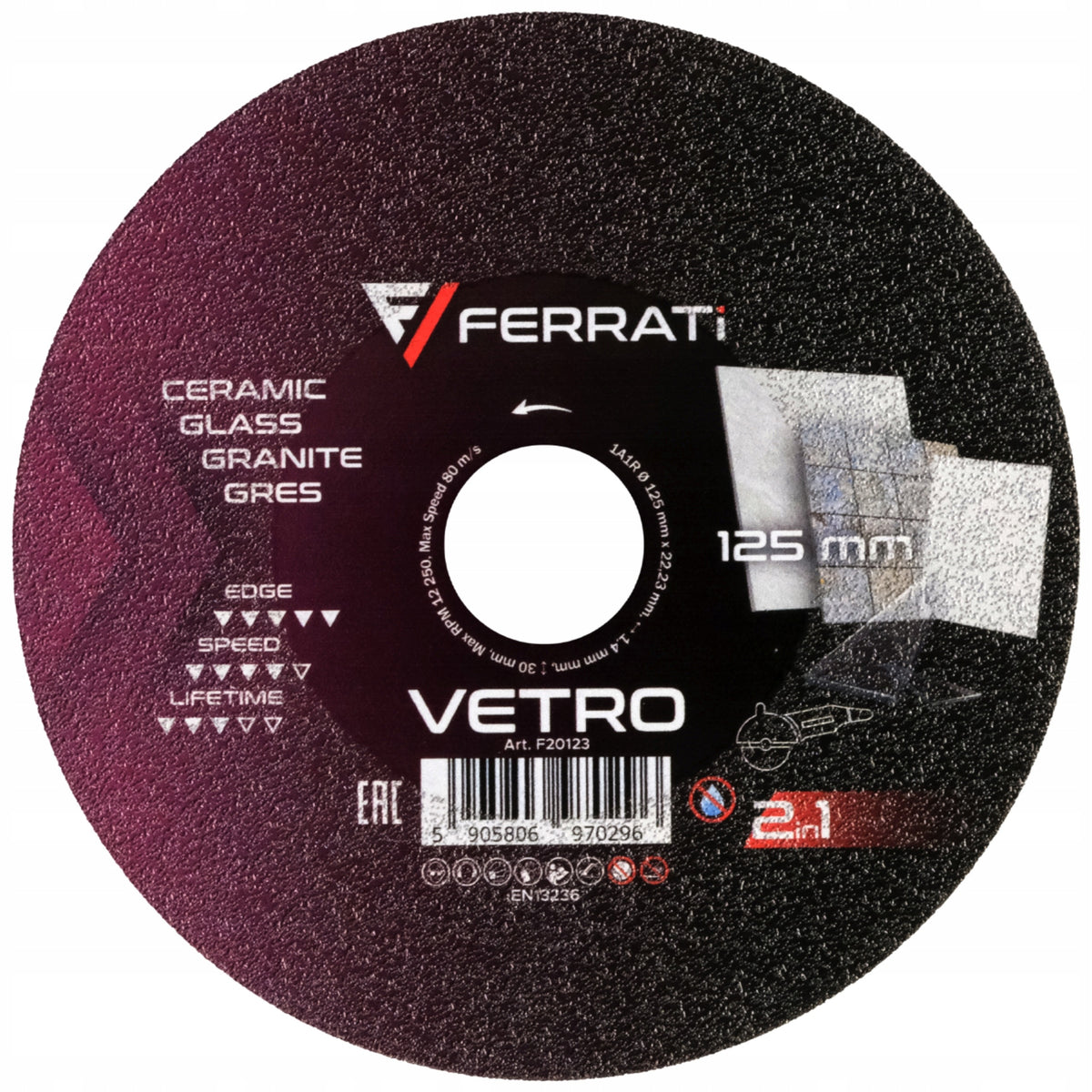 FERRATI VETRO 125 MM - Tarcza do cięcia i szlifowania gresu i szkła do ceramiki i kamienia, otwór 22,2 mm