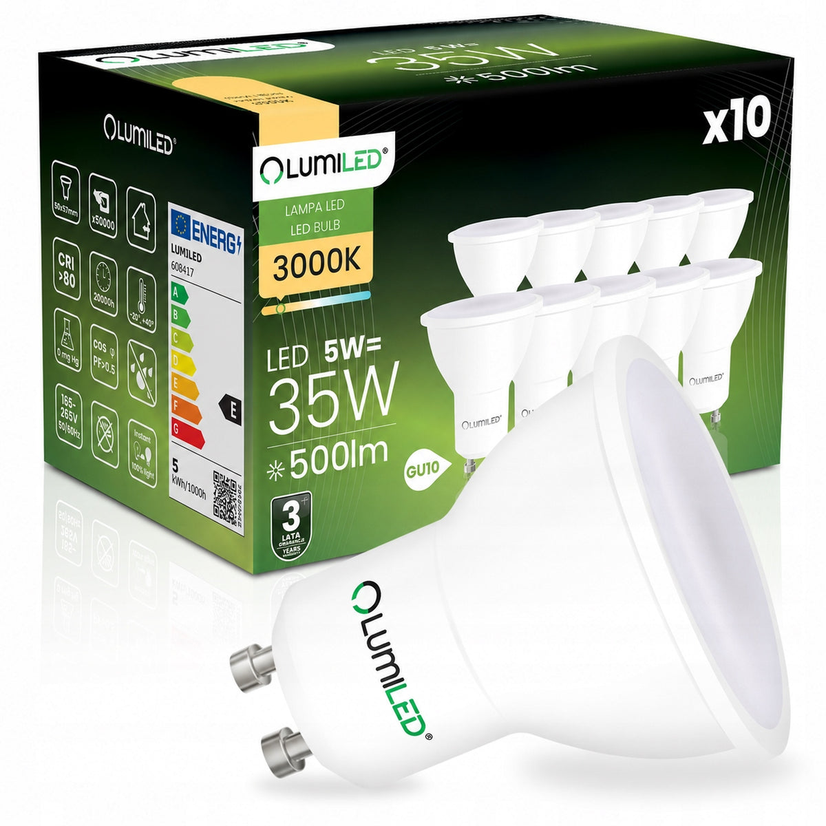 10x Żarówka LED GU10 5W = 35W 500lm 3000K 120° lumiled NIE mruga premium reflektor punktowy, zamiennik halogenu, ciepłe