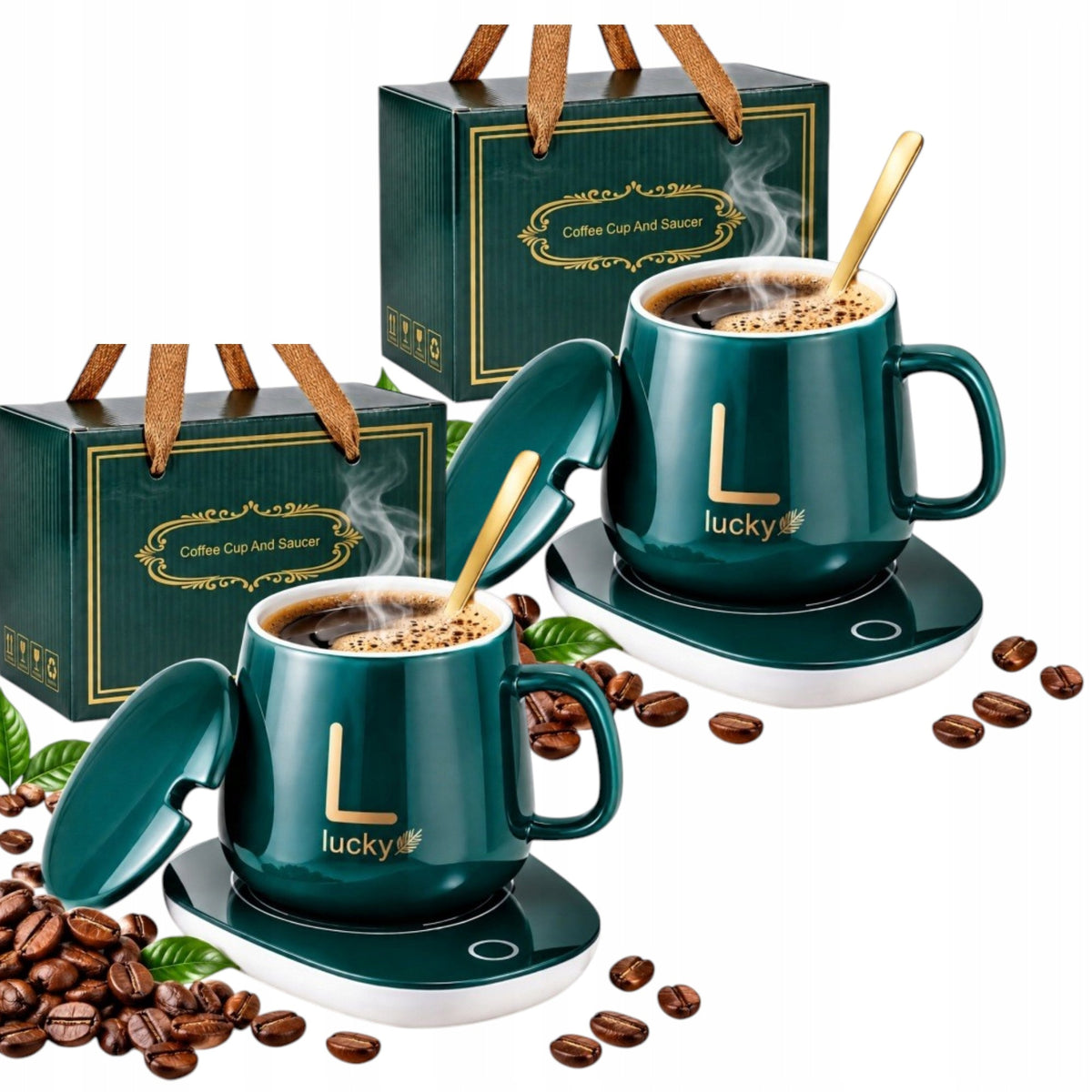 2x zestaw kubek podgrzewany podstawka podgrzewacz wody herbaty kawy prezent ceramiczny 350 ml, do napojów, można myć w