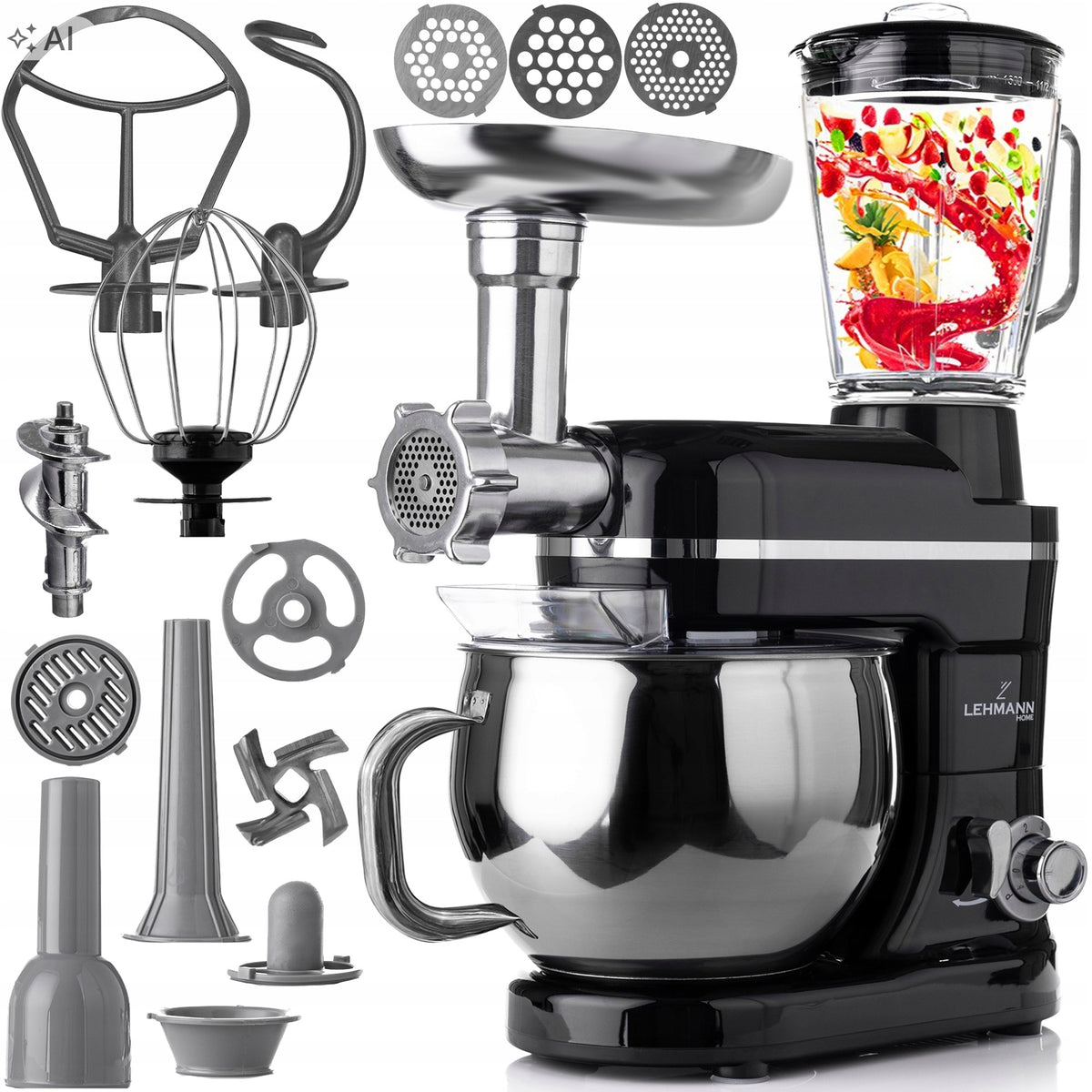 Robot kuchenny planetarny mikser z misą blender szklany maszynka do mięsa 6 prędkości, pojemnik stalowy 5 l, koktajler
