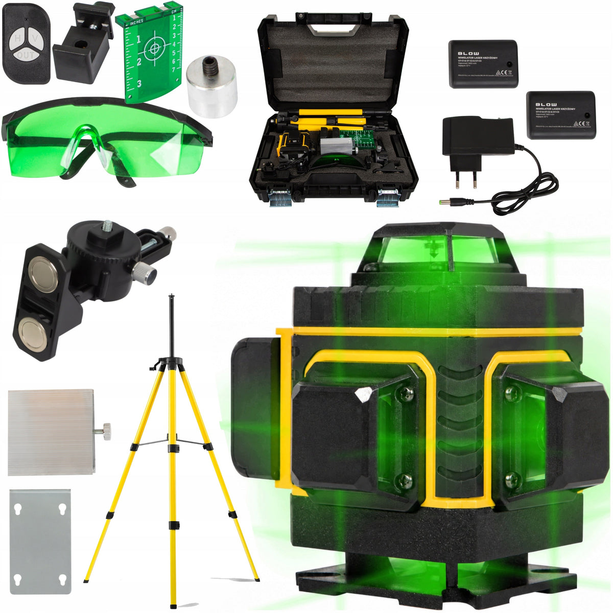 Poziomica laserowa 360 płaszczyznowa 4D laser krzyżowy zestaw PRO 16 lini zielony niwelator do glazury, remontu i prac