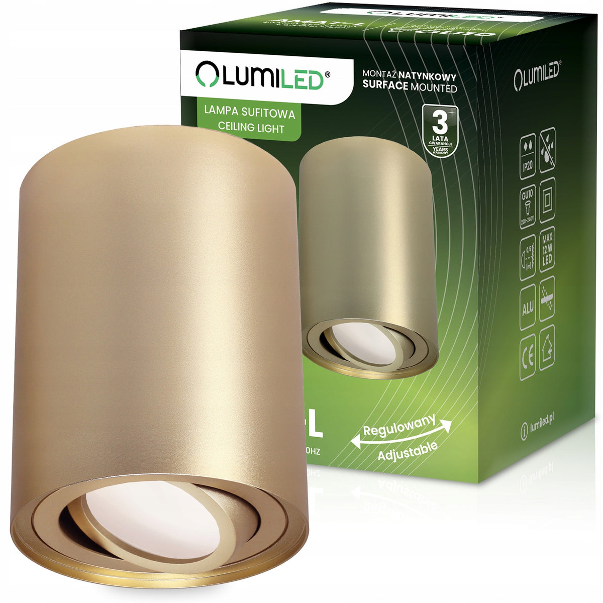 Oprawa Halogenowa Natynkowa Lampa Sufitowa TUBA SPOT LED Ruchoma Okrągła oczko GU10 580 lm złote do oświetlenia