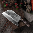 NÓŻ TASAK KUCHENNY DO MIĘSA OSTRY SOLIDNY RĘCZNY KUTY CHEF siekacz, stalowe ostrze 19,8 cm, drewniany uchwyt