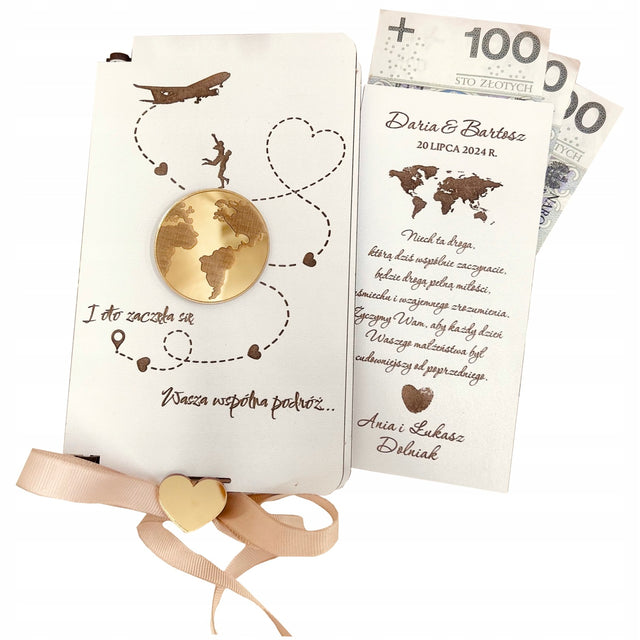 Pudełko na pieniądze ślub prezent pamiątka kartka wesele grawer złoty personalizowana koperta na gotówkę, na rocznicę, 10 x 17 cm