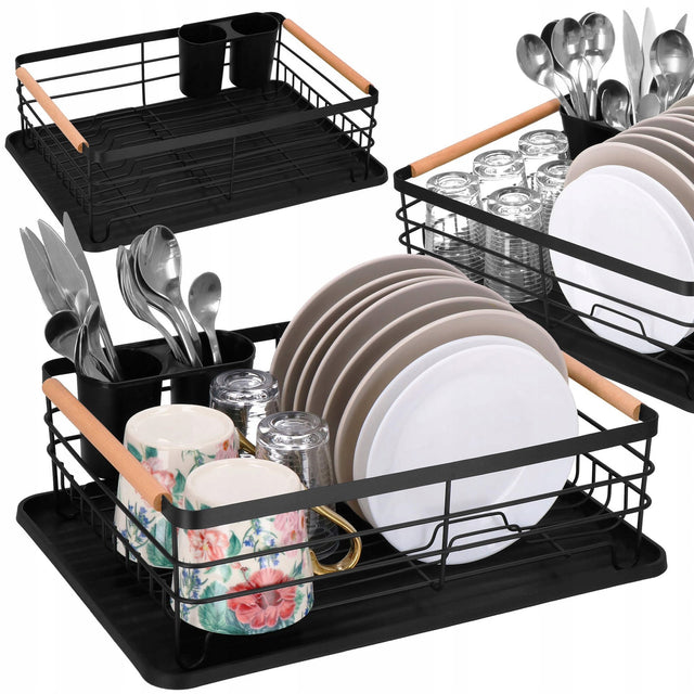 Duża suszarka ociekacz do naczyń czarna z tacką stojąca na naczynia ociekacz (suszarka) 42 cm czarny