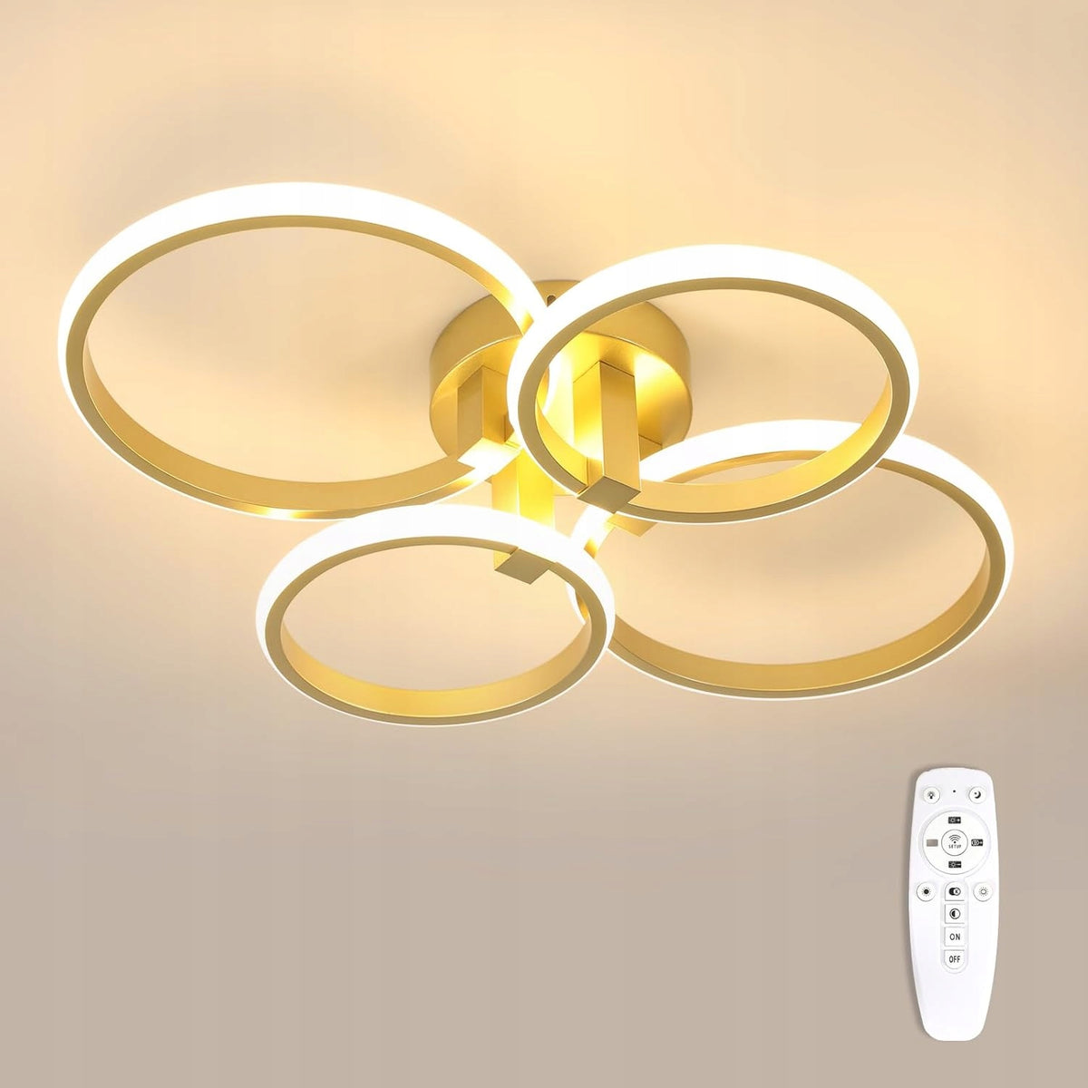 Lampa sufitowa LED złota żyrandol nowoczesna salonu ściemnialna+pilot 56W oprawa wisząca do jadalni, 4 punkty światła