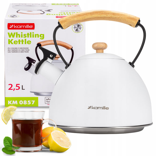 Czajnik tradycyjny z gwizdkiem na GAZ indukcja kamille stalowy biały 2,5l naczynie do gotowania wody, 2500 ml, do herbaty