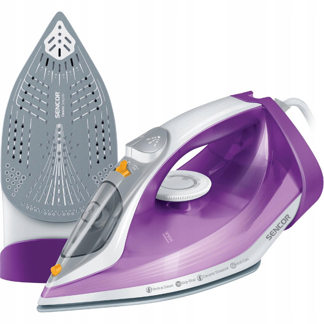 Lekkie żelazko parowe 2400W 260ml ceramiczna stopa fiolet Sencor SSI 5800VT automatyczne wyłączanie, ochrona przed kamieniem, uderzenie pary 120 g/min