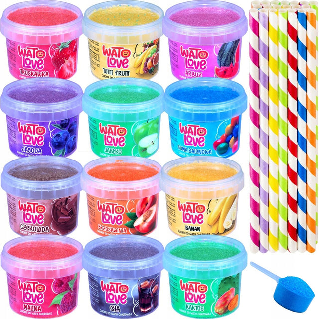 Kolorowy cukier do waty cukrowej Smakowy 12x100g patyczki Cukier Watolove granulowany 0,6-1,0 mm, z miarką, szczelne pojemniki, bezpieczny dla dzieci