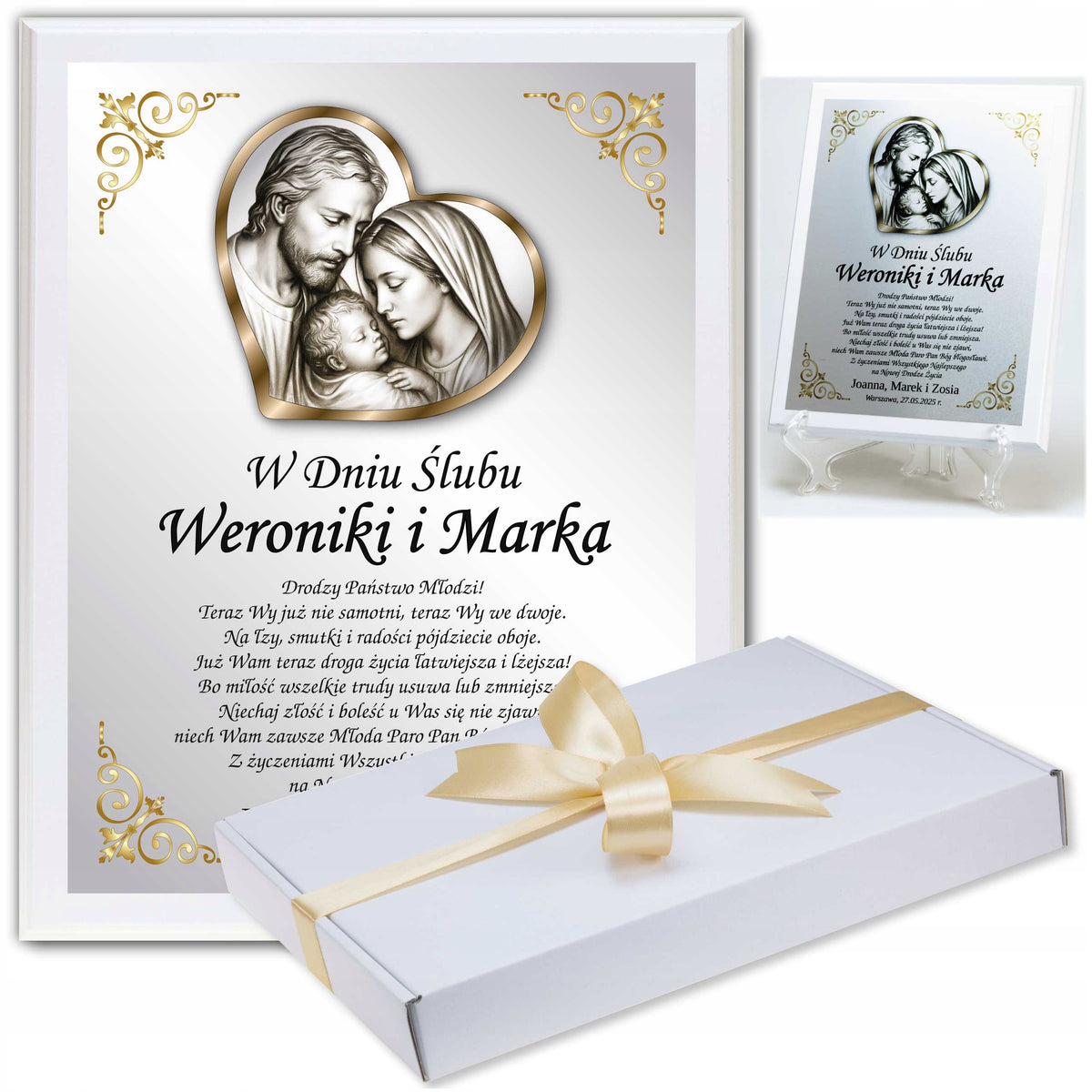 Prezent na ślub ślubny życzenia dla młodej pary pamiątka wesele XL +pudełko ramka z grawerem i nadrukiem, statuetka