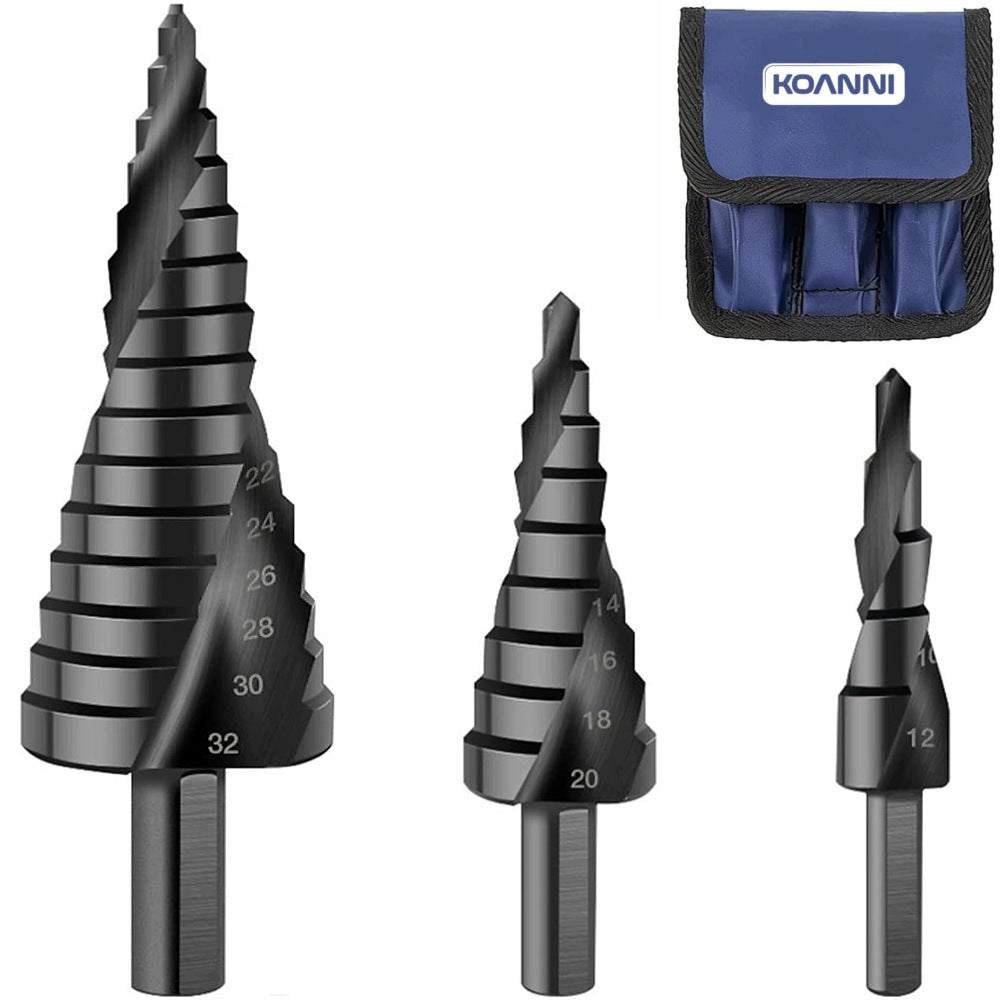 3x spiralne wiertła stożkowe stopniowe HSS do drewna i metalu 4-32MM do blachy, cegły i plastiku, chwyt walcowy, zestaw