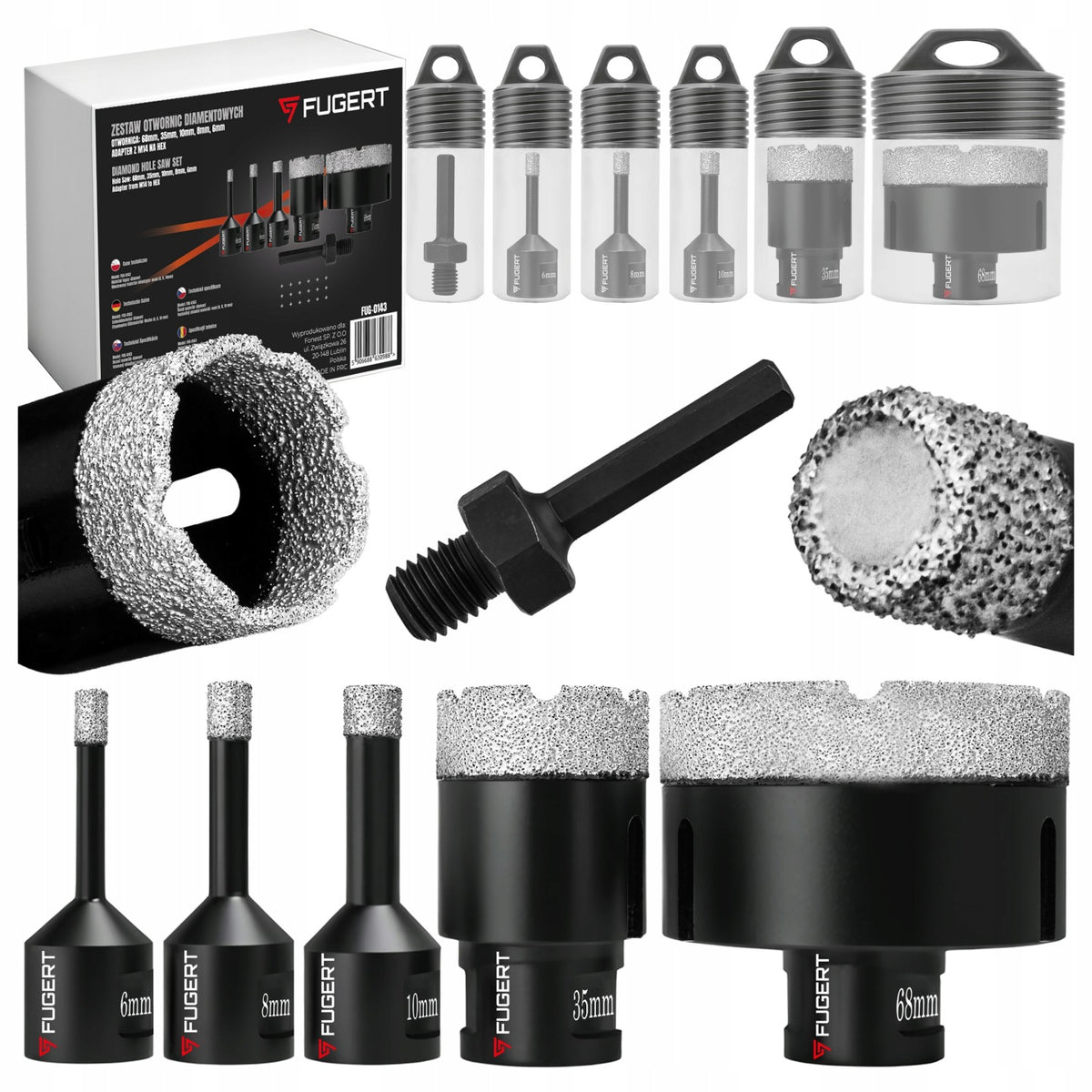 OTWORNICA DIAMENTOWA DO GRESU WIERTŁO ZESTAW OTWORNIC M14 6-68MM + ADAPTER płytki, beton, cegła, kamień, szkło, ceramika