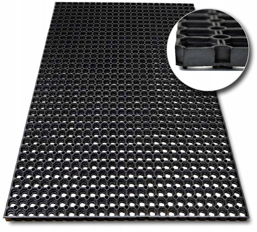 Wycieraczka gumowa wejściowa duża mata ażurowa ażur rubber 50x100 16mm pod drzwi do domu, czarna, do obuwia