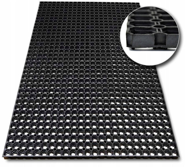 Wycieraczka gumowa wejściowa duża mata ażurowa ażur rubber 50x100 16mm pod drzwi do domu, czarna, do obuwia