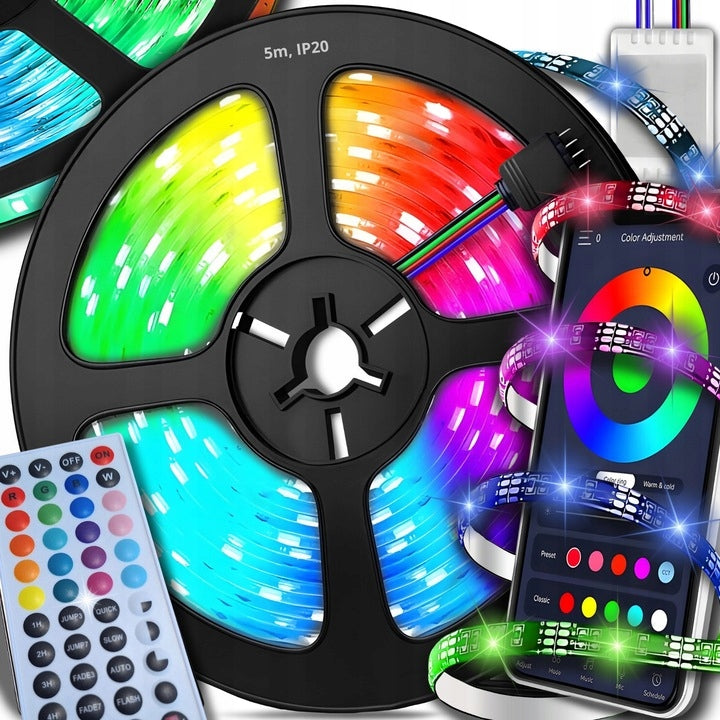 Taśma LED RGB 5m Ledy 5050 Listwa 230v 12v kolorowa na pilota + aplikacja dekoracyjne podświetlenie wnętrz do pokoju