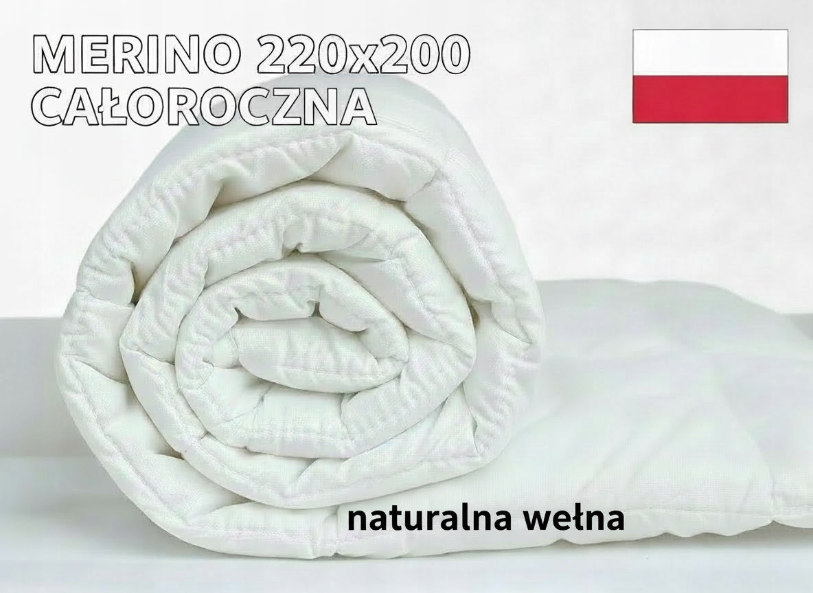 Kołdra merino 220x200 całoroczna wełna naturalna premium PL producent bawełniane poszycie, antyalergiczna, do prania w