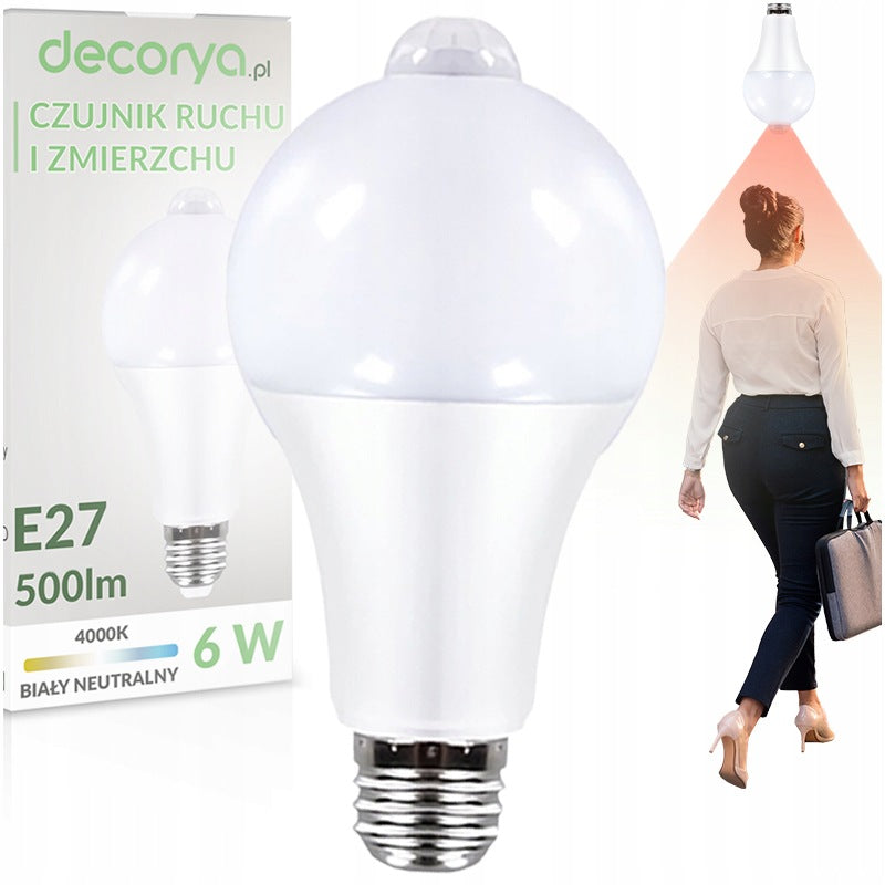 Żarówka LED E27 z czujnikiem ruchu zmierzchu biały neutralny 4000K 500l 6W kulista, automatyczne oświetlenie do
