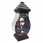 Znicz Lampion Szklany Witrażowy Jezus Chrystus Czarny Duży Premium Na Grób lampka LED, wysokość 39 cm
