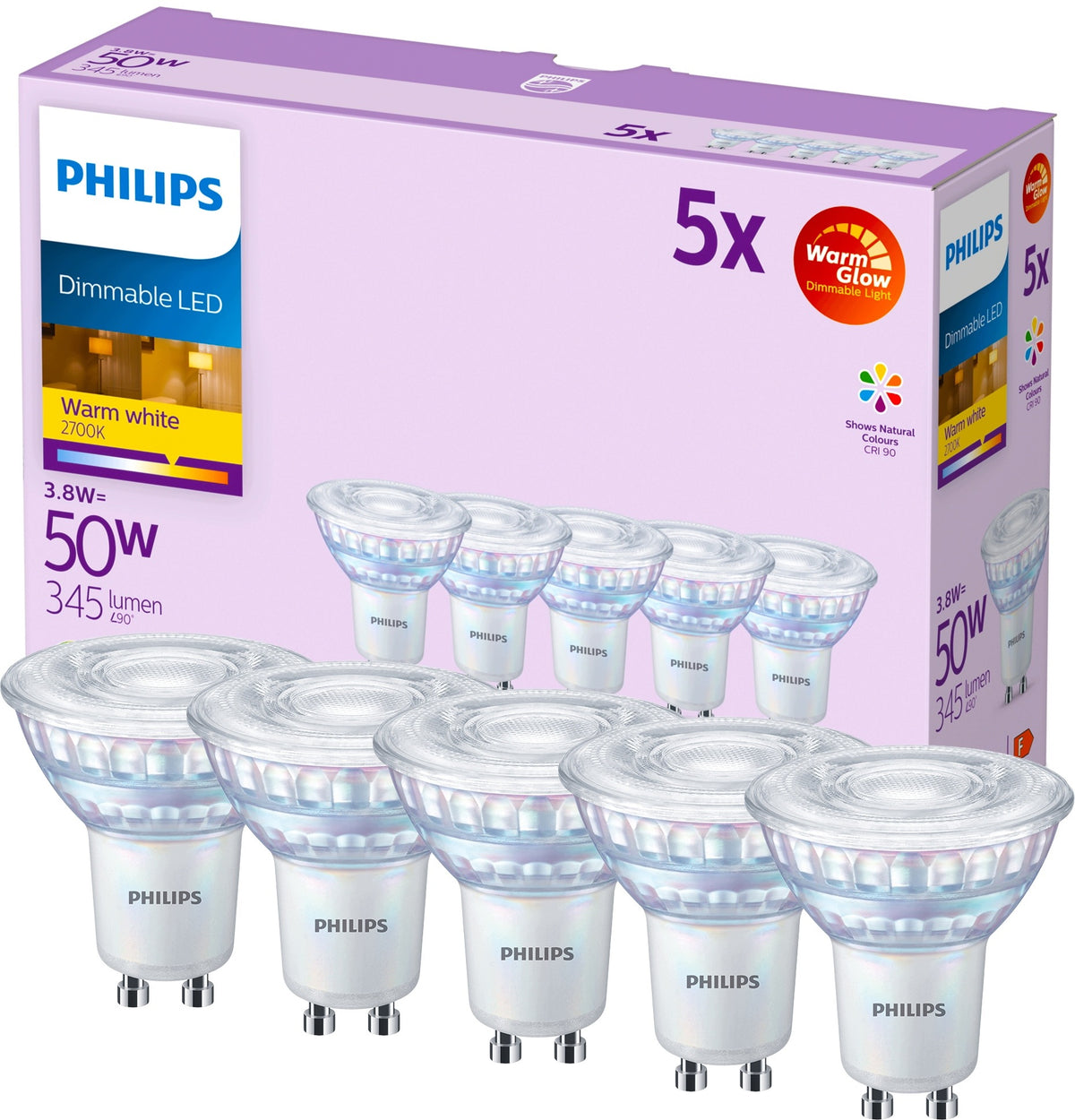 5x żarówka LED GU10 3.8W = 50W CRI90 36° ściemnialna WarmGlow philips reflektor, ciepłe białe światło 2700 K, 345 lm