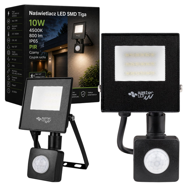 Halogen LED z czujnikiem ruchu naświetlacz lampa 10W 4500K zewnętrzny IP65 reflektor ogrodowy, oświetlenie podjazdu, 800 lm, biały neutralny