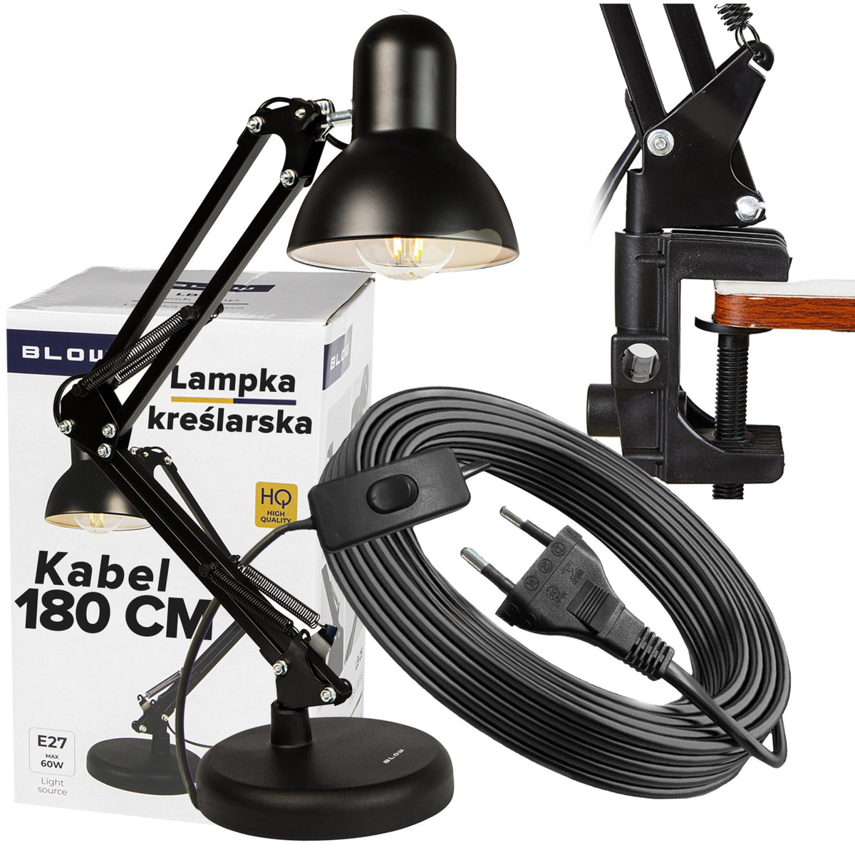 LAMPKA NOCNA NA BIURKO BIURKOWA DO CZYTANIA KREŚLARSKA KABEL 180CM E27 2w1 czarna oprawa stołowa, zasilanie sieciowe