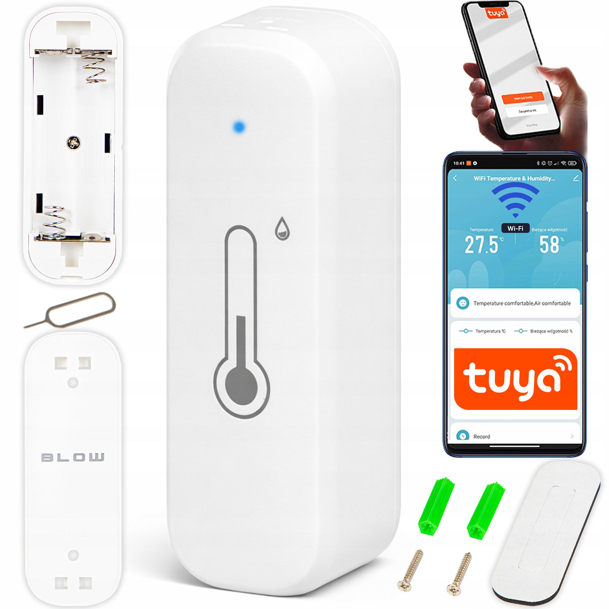 Termometr higrometr monitor humidity czujnik wilgoci temperatury tuya wifi miernik klimatu do domu i biura, zasilanie