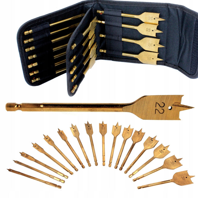 Wiertła łopatkowe piórkowe płaskie 16 sztuk 6-38MM etui do wiercenia w drewnie, do wiertarki i wkrętarki