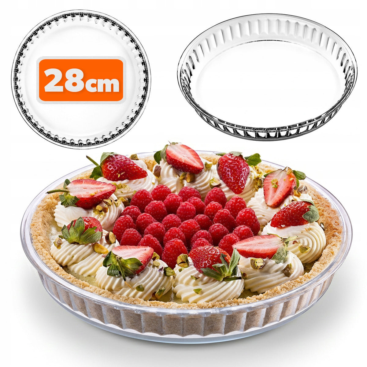 Forma do tarty pieczenia pizzy ciasta szklana żaroodporna okrągła 28 cm naczynie do quiche i zapiekanek, można myć w