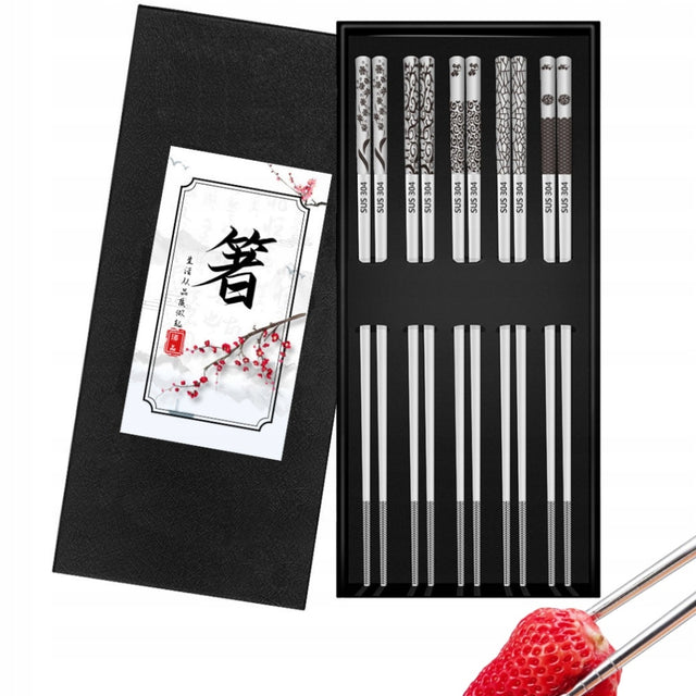 Pałeczki premium stal nierdzewna 5 par srebrne sztućce azjatyckie do sushi i dań orientalnych, wielorazowe, metalowe 23,5 cm