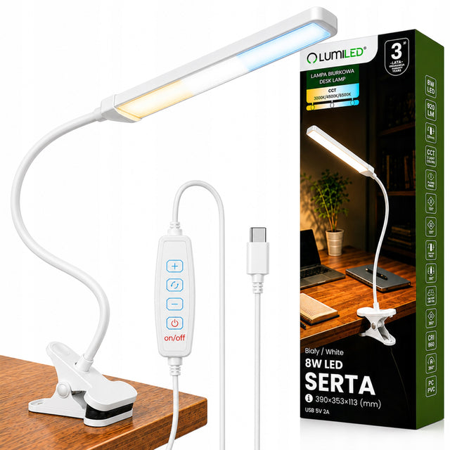 Lampka na Biurko Szkolna LED Stołowa Regulowana na Klips nocna do czytania oświetlenie pracy, ściemniane, białe, 39 cm, zasilanie sieciowe