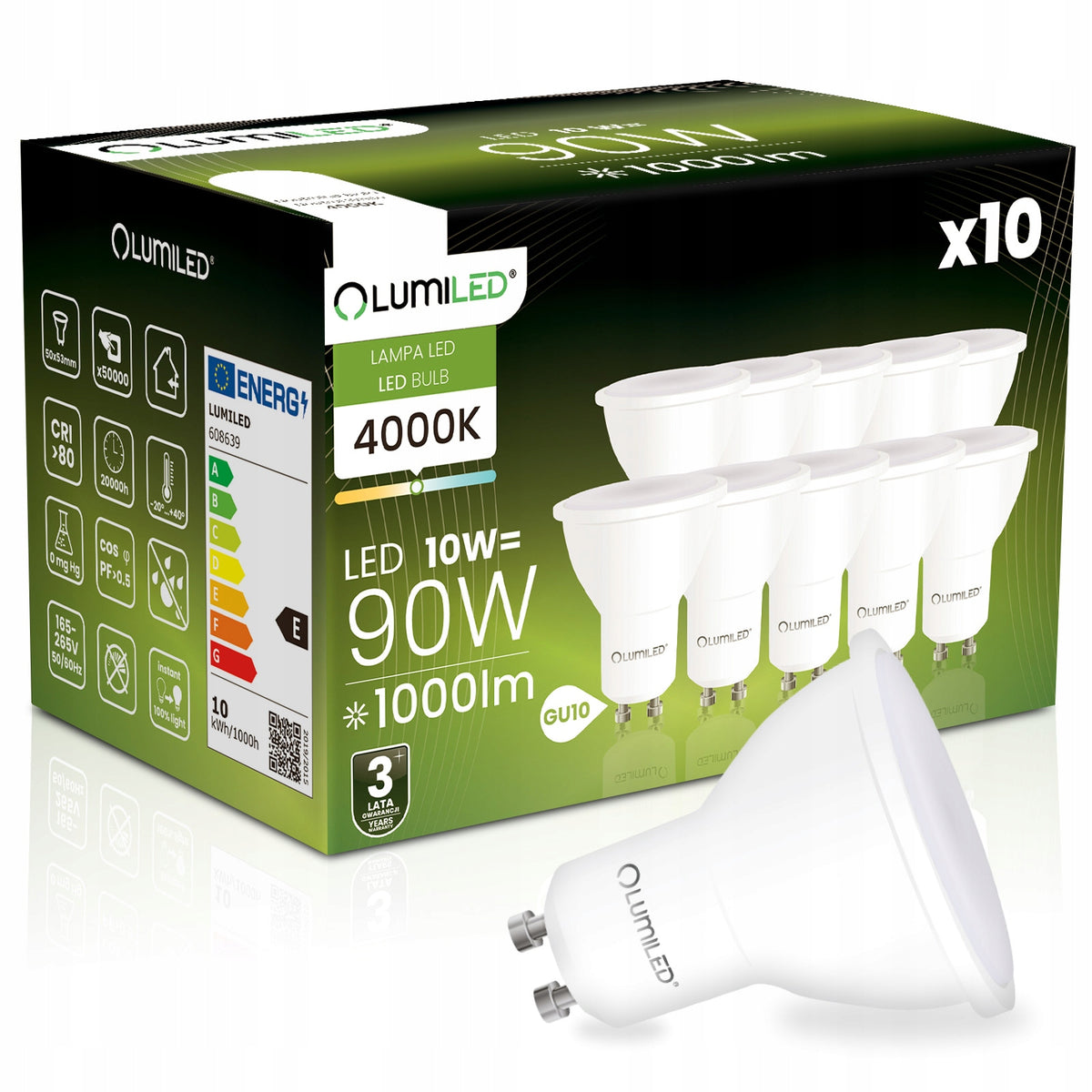 10x Żarówka LED GU10 10W 4000K 1000lm 120° wydajna NIE mruga premium mocna reflektorowa, neutralna biel, do oświetlenia