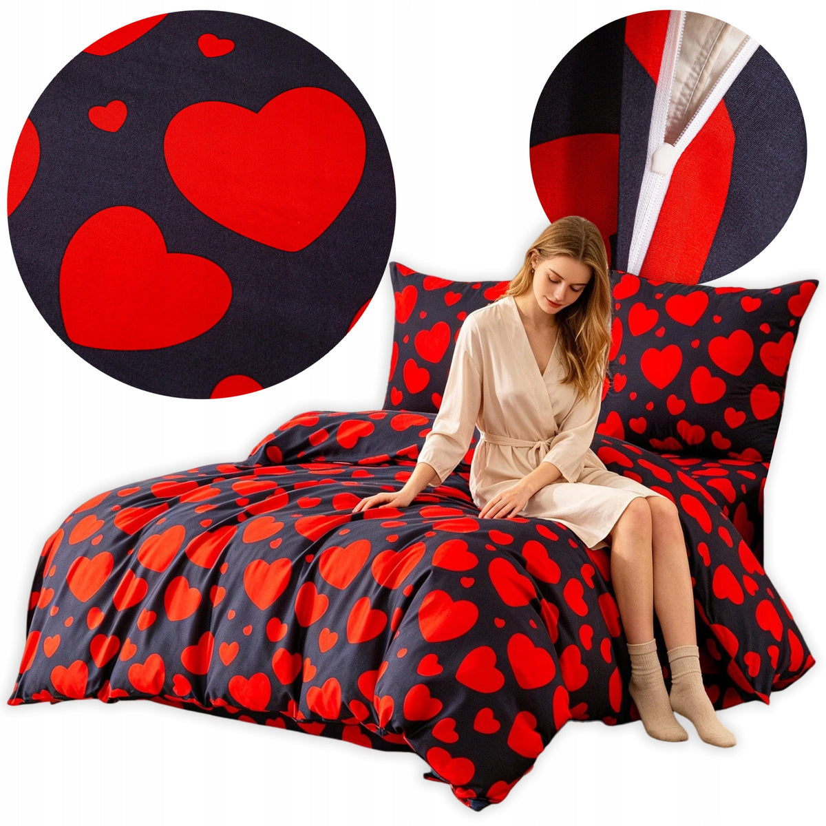 Komplet pościeli 160x200 poszewka 70x80 satynowa elegancka serca mikrofibra, zamek błyskawiczny, czarno-czerwona
