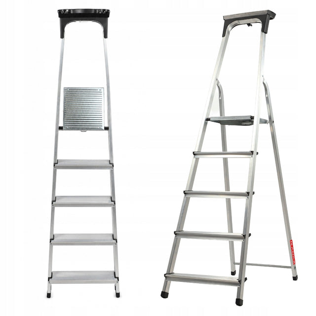 Drabina aluminiowa domowa 5 stopniowa składana półka 125kg produkt polski drabinka dwustronna, wysokość robocza 2,97 m