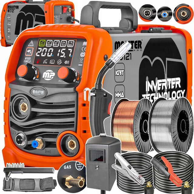 Spawarka inwertorowa synergy migomat MIG Co2 MMA TIG 200A PRO MP0121 półautomat spawalniczy 230 V, drut 0,8–1,0 mm, cykl pracy 60%, 4,4 kg