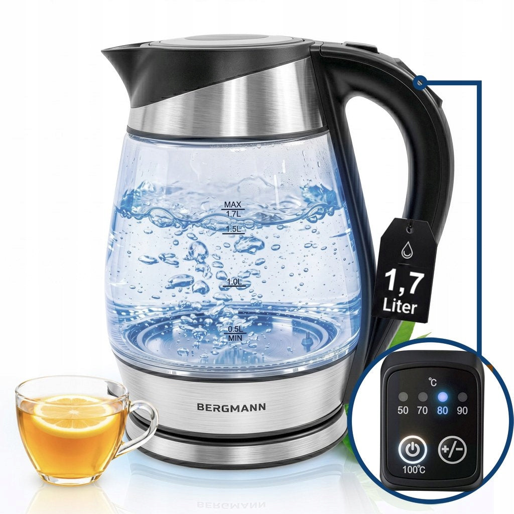 Czajnik elektryczny szklany bergmann 1,7l 2200W z regulacją temperatury 1.7 l 2200 w srebrny/szary szkło, tworzywo