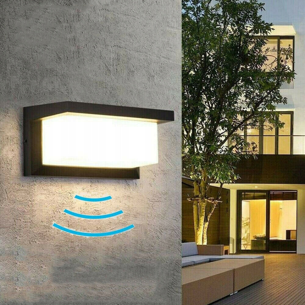 KINKIET ZEWNĘTRZNY Z CZUJNIKIEM RUCHU I ZMIERZCHU LAMPA ELEWACYJNA 18W oprawa LED czarna aluminiowa na taras podjazd i