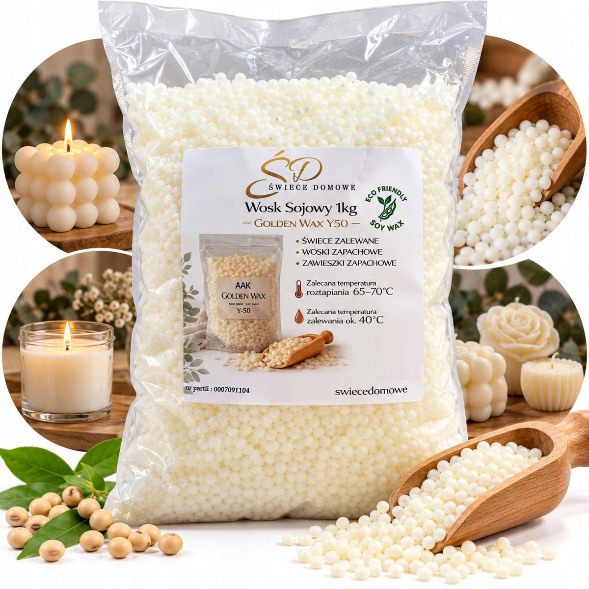 WOSK SOJOWY NATURALNY ECO do produkcji świec sojowych rozdrobniony Y50 1KG do ręcznego odlewania, biały surowiec do