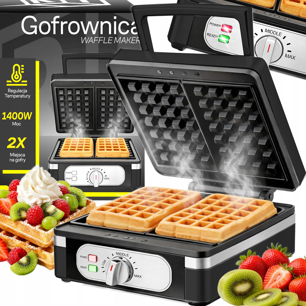Gofrownica elektryczna 1400W XXL 2 puszyste gofry z regulacją temperatury nominalna
