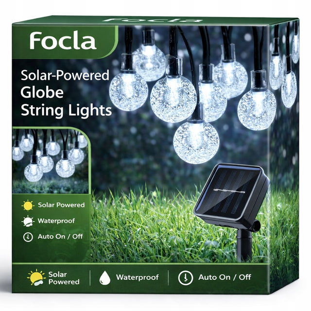 Girlanda solarna ogrodowa 50 LED 12 metrów lampki solarne na balkon IP44 łańcuch świetlny na taras, zimna biel, wodoodporne, odstęp 15 cm