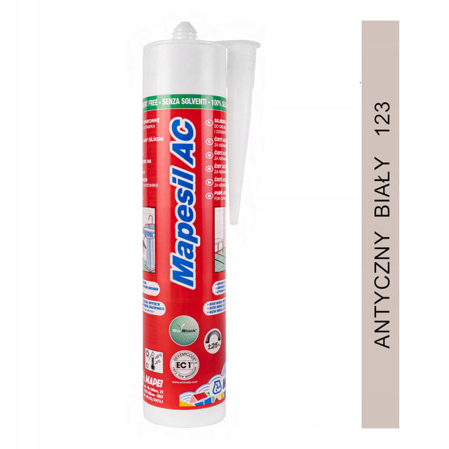 Silikon mapei Mapesil AC 310ml - kolor 123 antyczny biały uszczelniacz do łazienki i kuchni, wodoodporny, przeciwgrzybiczy, do wnętrz i na zewnątrz