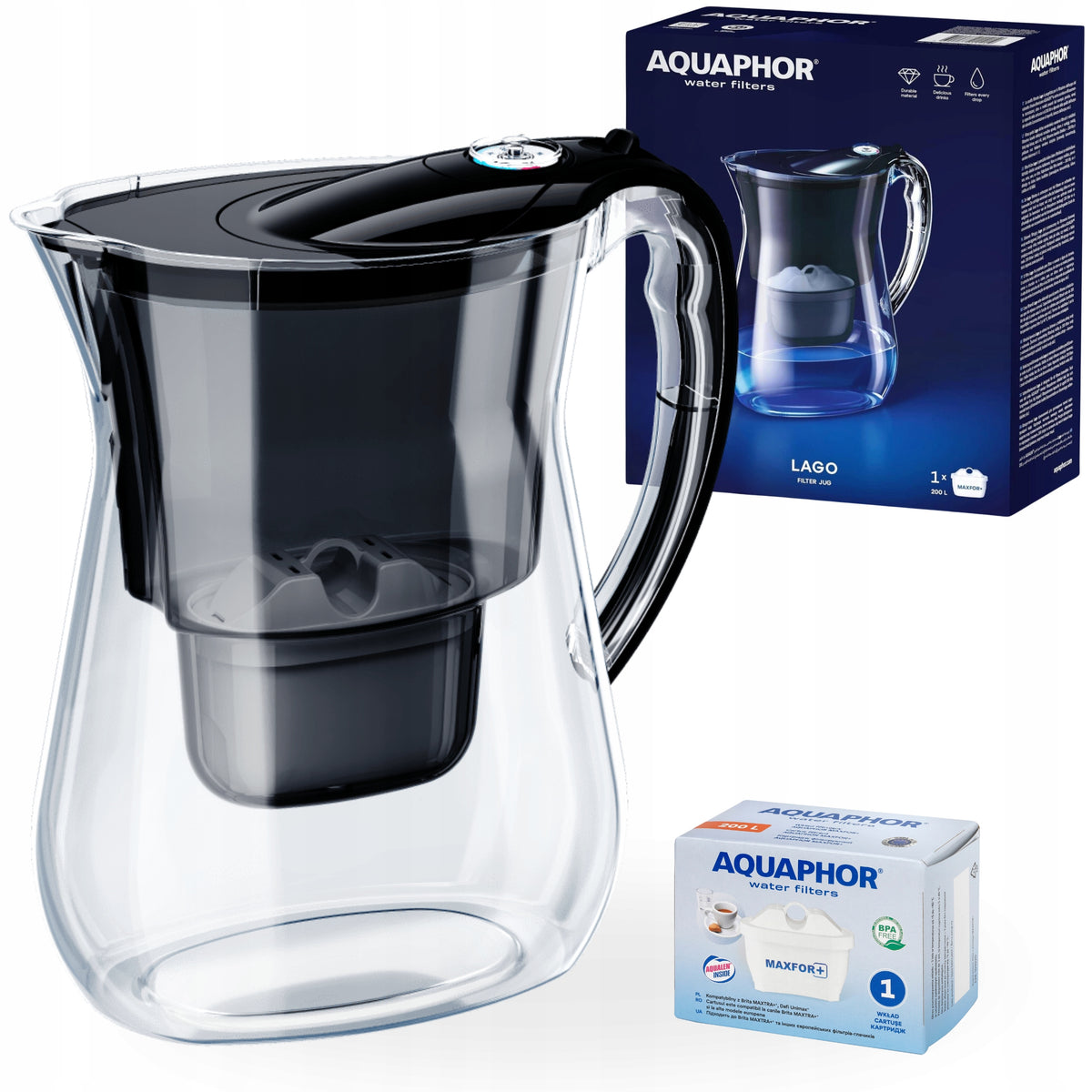 Dzbanek filtrujący wodę Aquaphor lago Czarny 3.8L, wkład węglowy Maxfor+ do kranówki, mechaniczny licznik zużycia