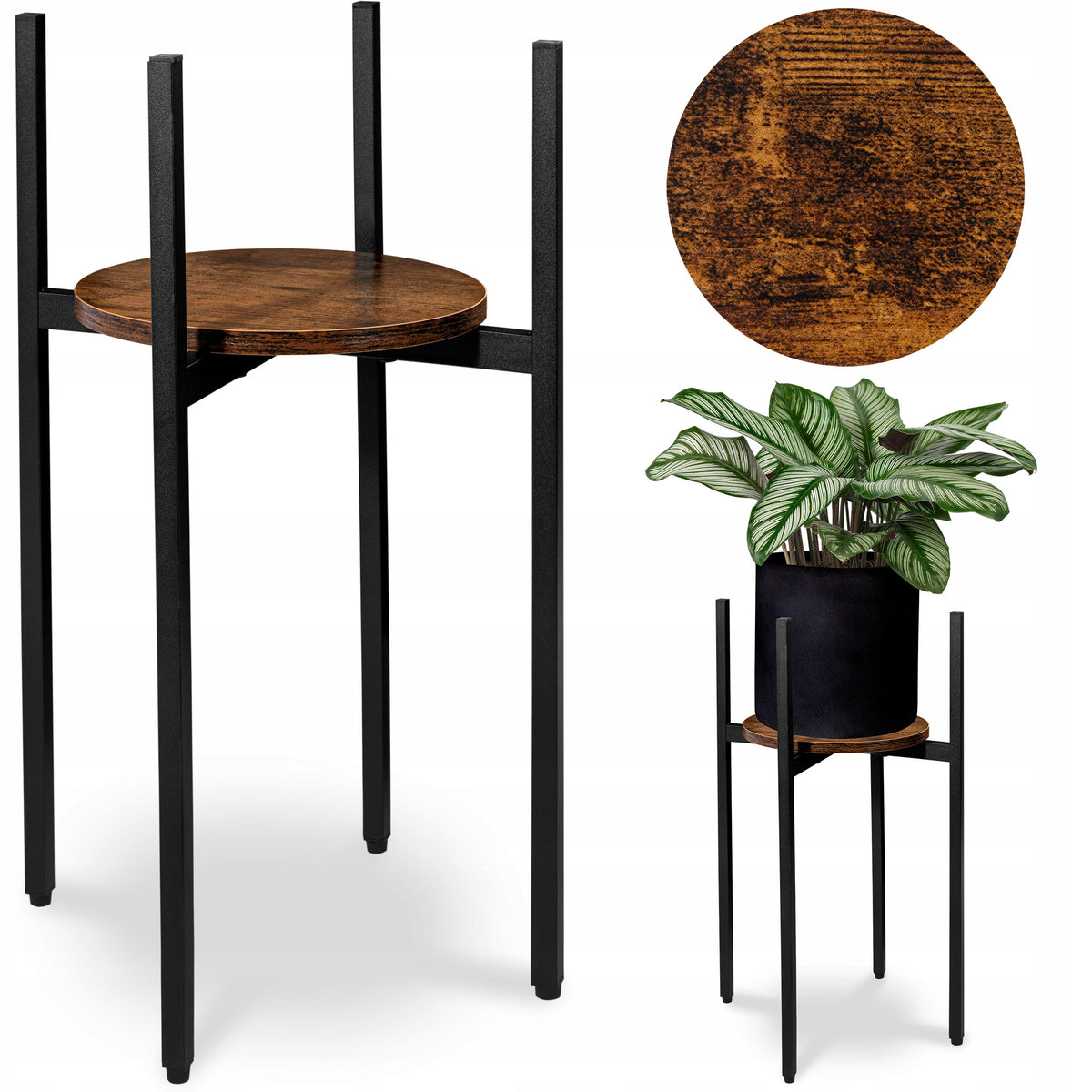 Kwietnik stojący metalowy stojak na kwiaty DĄB rustykalny loft 62 cm beżowy, czarny