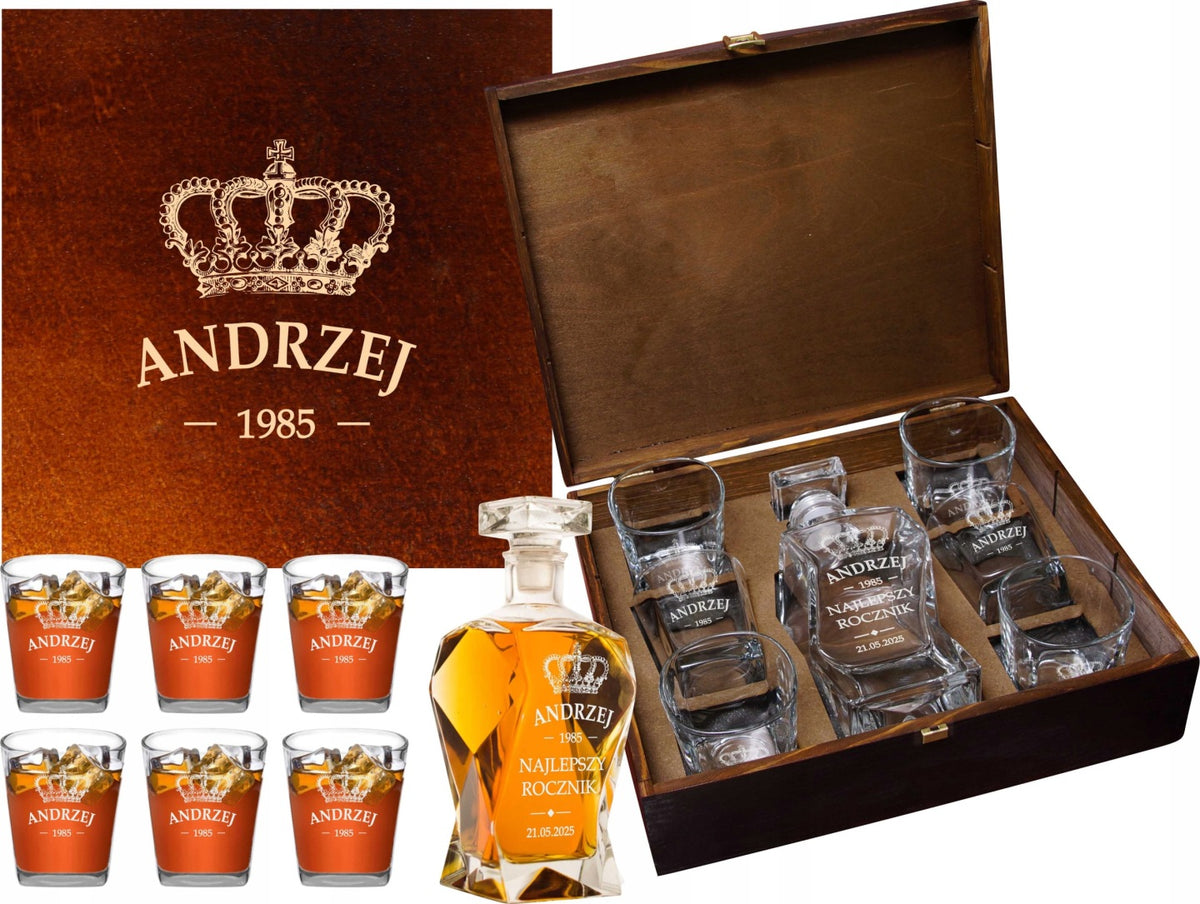 KARAFKA Z GRAWEREM szklanki x 6 w PUDEŁKU WHISKY zestaw do serwowania alkoholi, 750 ml, szkło bezbarwne, do zmywarki