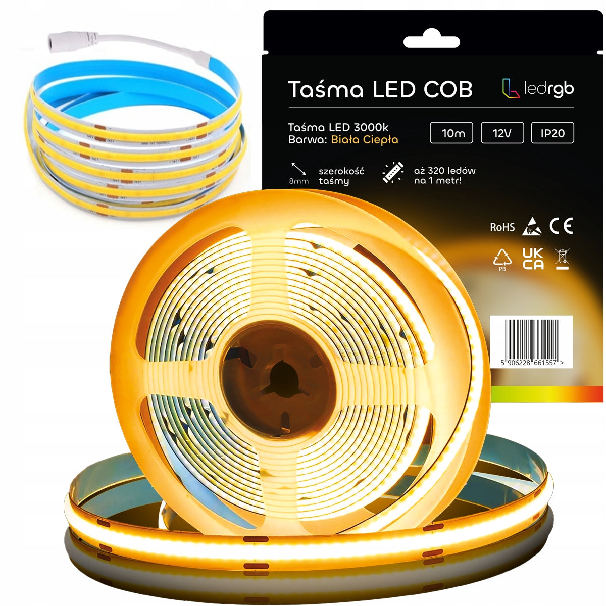 Taśma LED Neon COB 12V 10m 320 diod 3000K biała ciepła homogeniczna 8mm do podświetlenia mebli, półek i sufitów