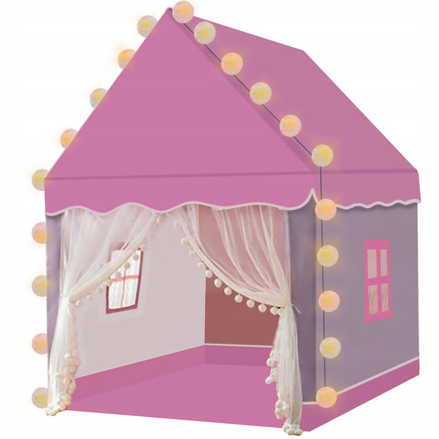 Namiot Domek dla Dzieci Zamek Pałac do Pokoju Ogrodu Domu + Lampki LED Róż baza zabaw, girlanda i pokrowiec w zestawie, 120x75x130 cm, od 3 lat