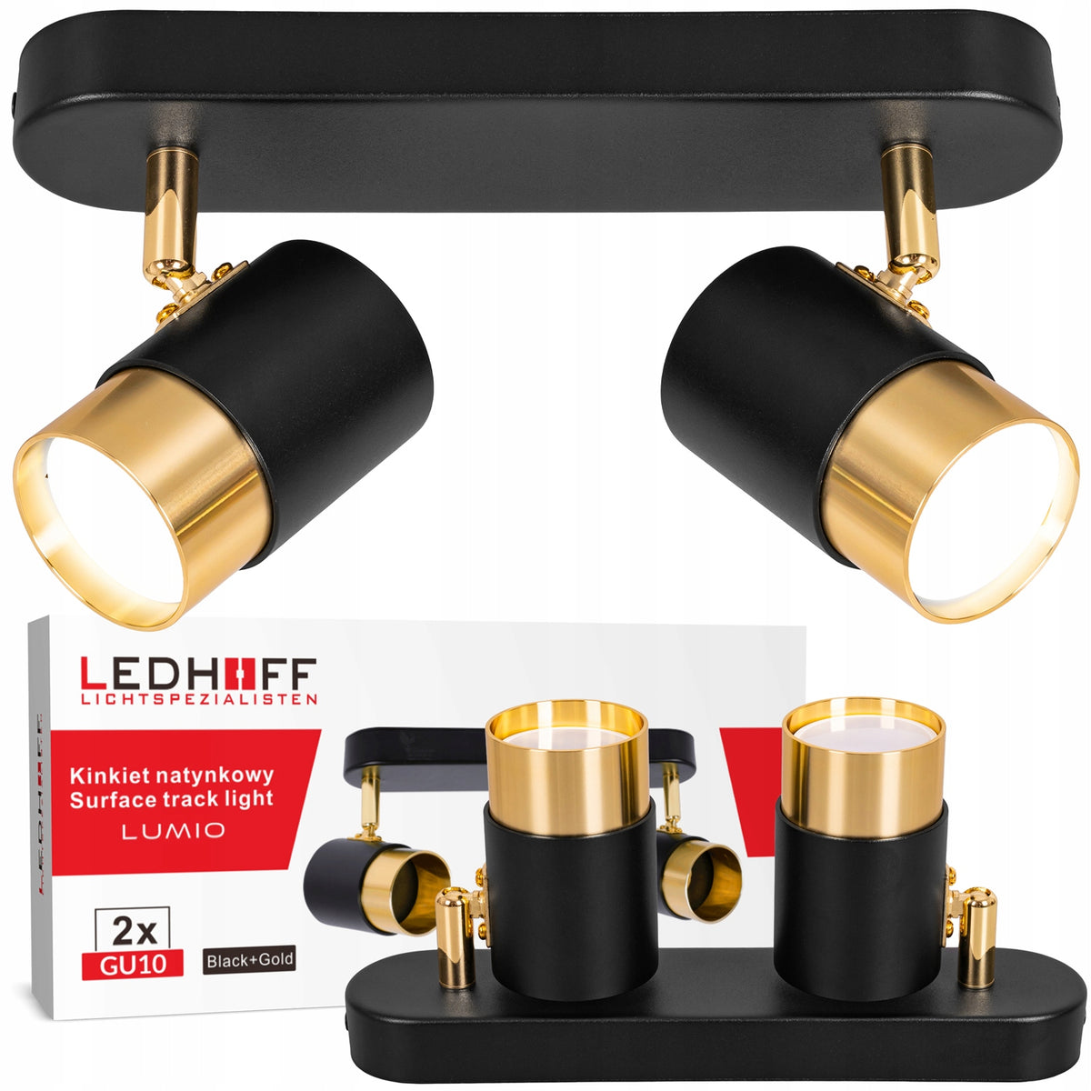 Lampa sufitowa LED kinkiet SPOT oprawa halogenowa 2x GU10 TUBA CZARNA złota ścienna aluminiowa 2-punktowa do żarówek