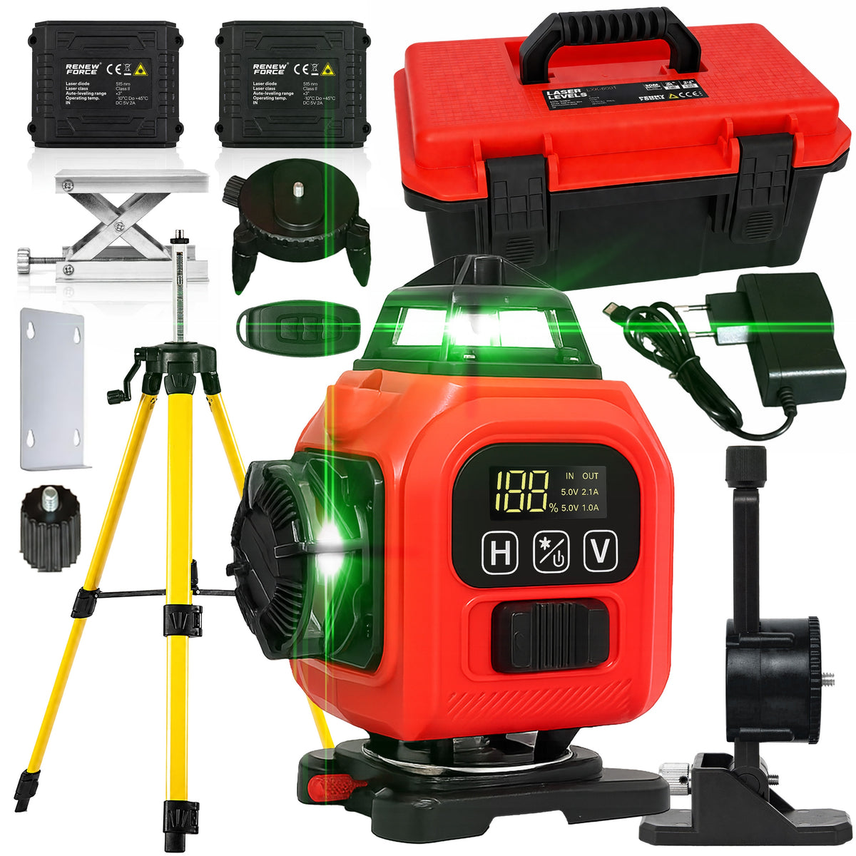 Poziomica laserowa 4D 16 linii laser krzyżowy 360 zestaw + statyw 120cm niwelator budowlany, zielona wiązka, zasięg 30