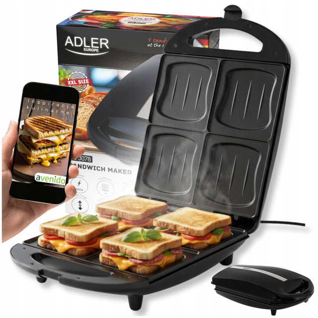 Opiekacz Kanapek Muszle Toster Sandwich Do Chrupiących Tostów 1800W Adler nominalna czarny