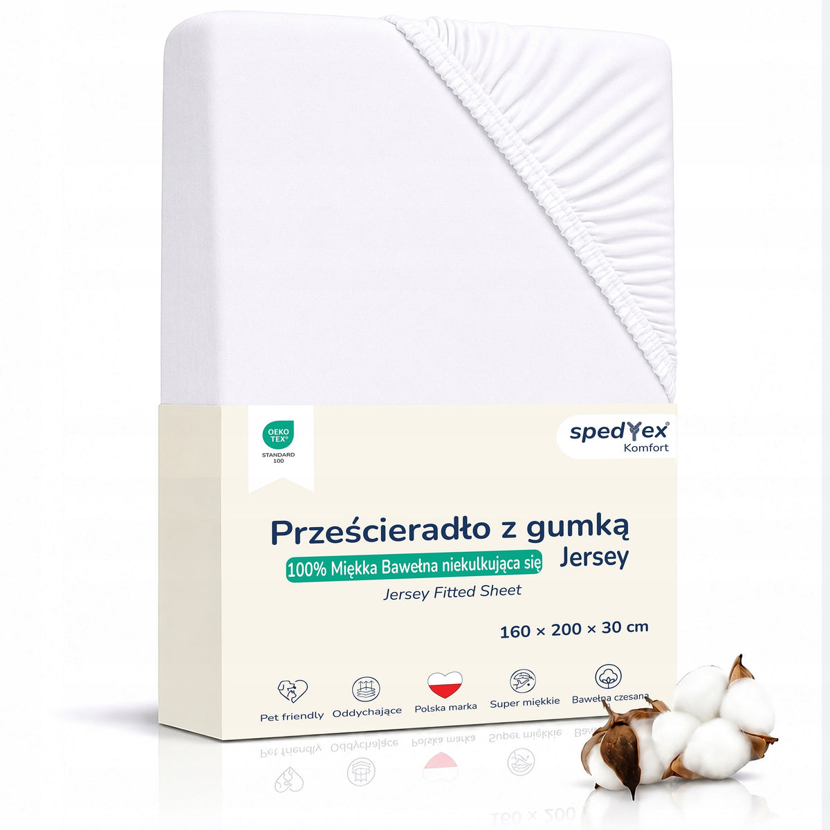 Prześcieradło Jersey z Gumką 100% Miękka Bawełna Czesana 160×200 Białe Ecru do materaca o wys. do 30 cm, certyfikat